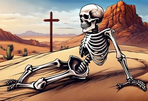 skeleton crawling towards a cross in a desert tattoo idea