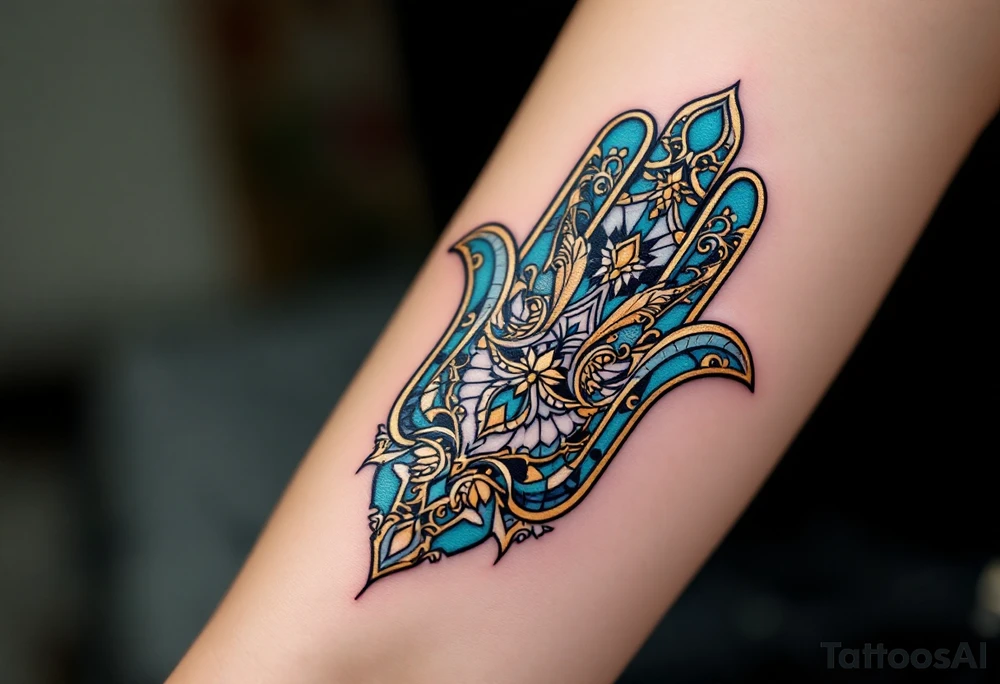 A vibrant turquoise and gold Hamsa with delicate filigree, radiating a mystical and regal aura. tattoo idea