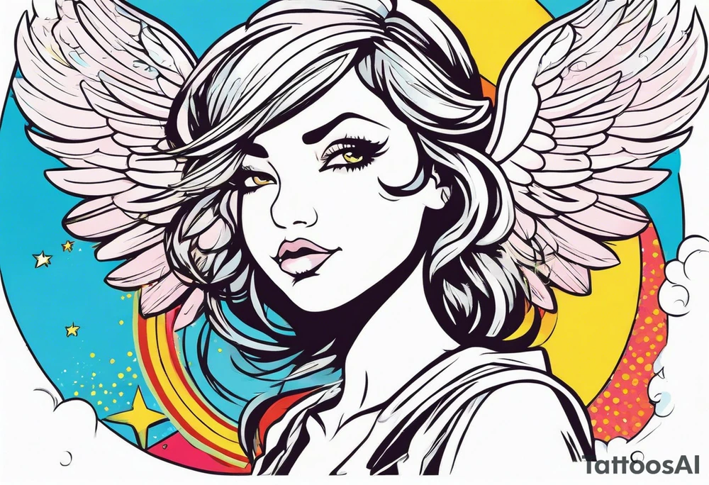 comic book style art, girl angel side profile, with wings, with floating halo, anime style tattoo idea