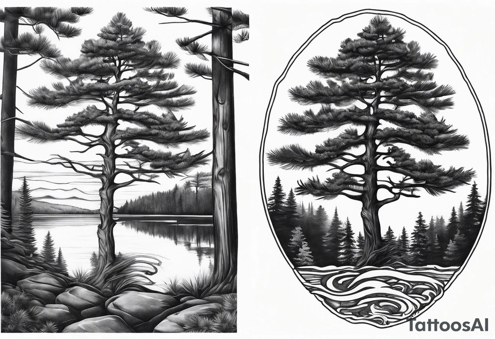 Pine tree conected with reflecting junpier tree tattoo idea