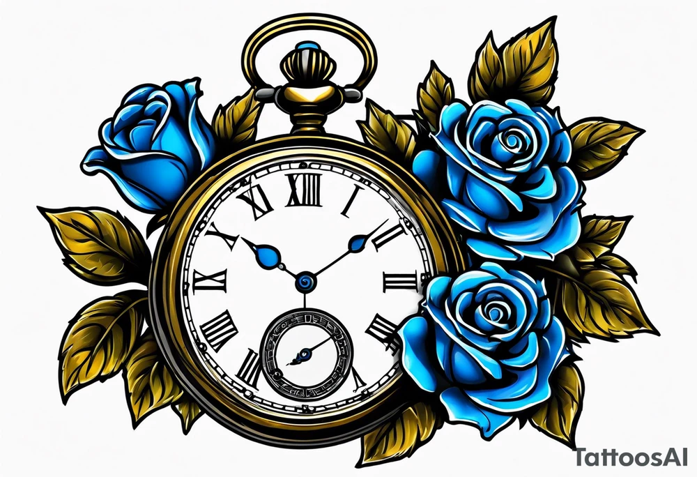 Pocket watch with blue roses tattoo idea