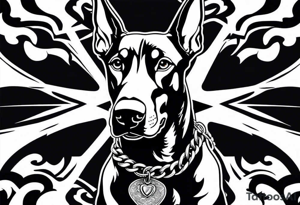 Doberman with open mouth biting
Wearing chain tattoo idea