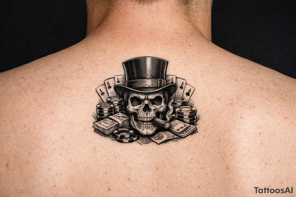 skull with cigar in his mouth,top-hat surrounded by poker-chips,paying cards and money. tattoo idea
