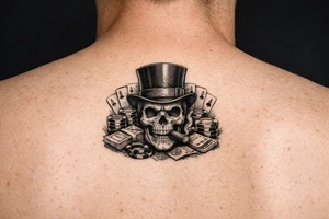 skull with cigar in his mouth,top-hat surrounded by poker-chips,paying cards and money. tattoo idea