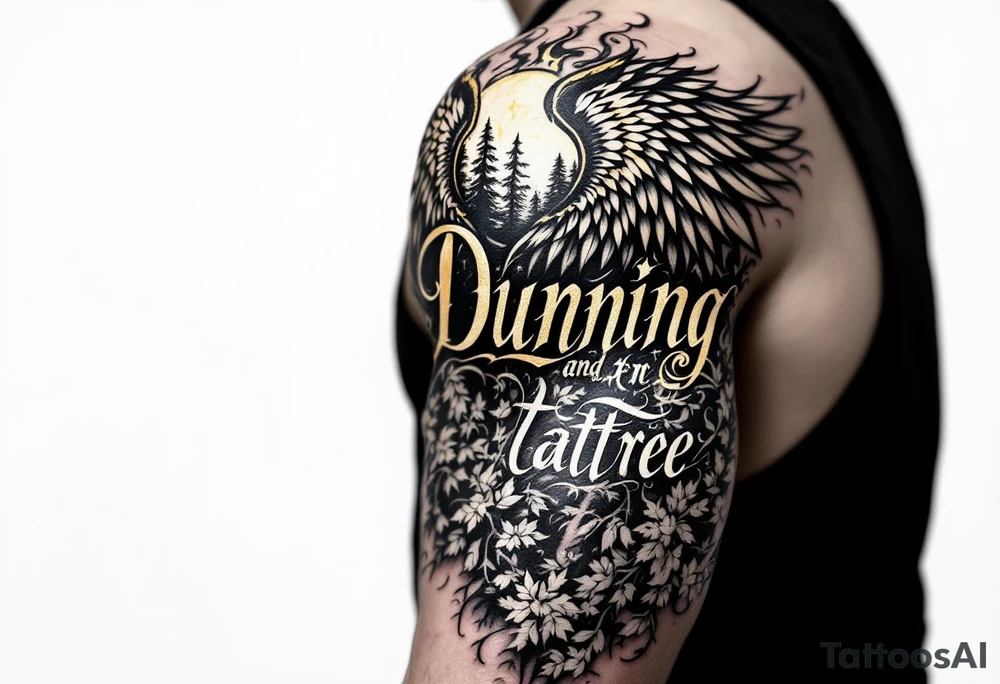 Dunning, details include bold strong font, gold highlights, theme of wealth and angel wings, Trees tattoo idea