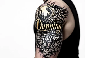 Dunning, details include bold strong font, gold highlights, theme of wealth and angel wings, Trees tattoo idea