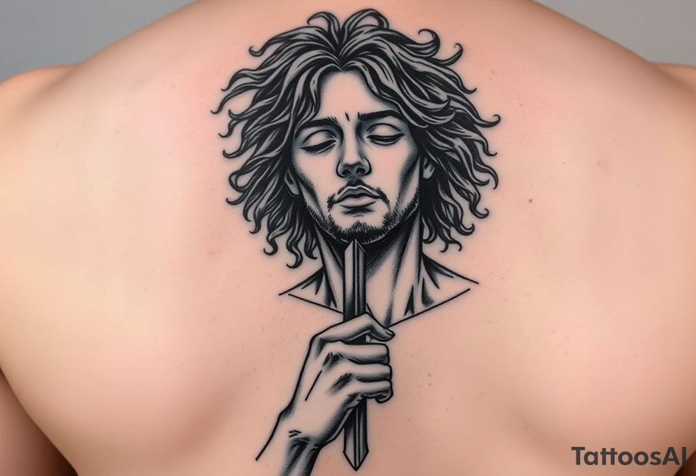 i want a picture of a teenage boy around 17 thats mix and has curly hair falling into the ebassy but jesus reaching down grabbing his hand with a cross in the mix tattoo idea
