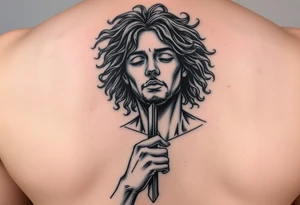 i want a picture of a teenage boy around 17 thats mix and has curly hair falling into the ebassy but jesus reaching down grabbing his hand with a cross in the mix tattoo idea