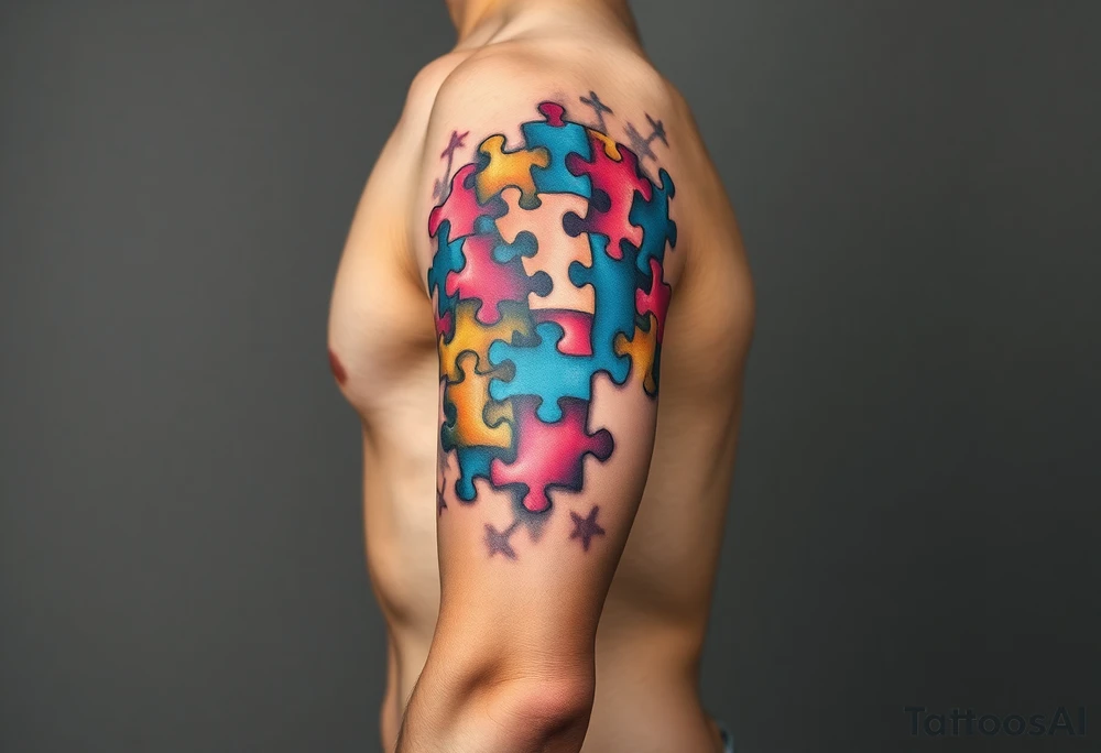 autism puzzle full color left arm sleeve completely covering full arm tattoo idea
