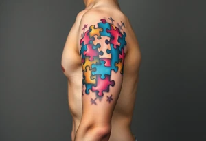 autism puzzle full color left arm sleeve completely covering full arm tattoo idea