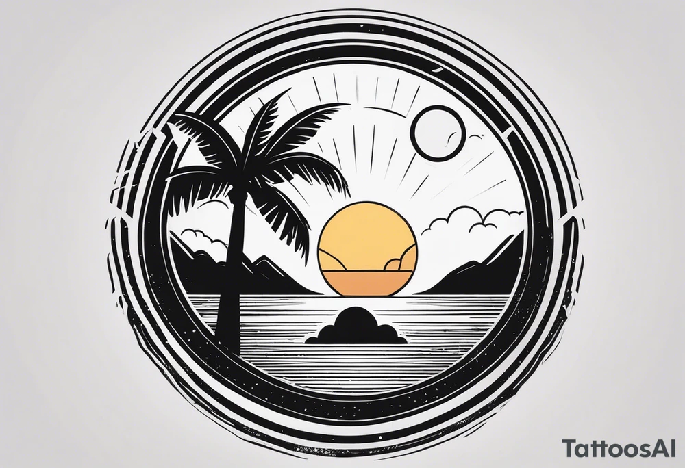a minimalist tattoo of a sun and a palm tree with the words good vibes below it, make it only small and can fit in a circle. keep the sun and palm tree minimal as well and make it look like silhouettes use only lines tattoo idea