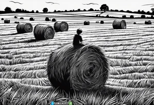 A boy sitting on top of a twisted bale of hay in a field where you can see the same bales of hay in the distance, and a tattoo idea