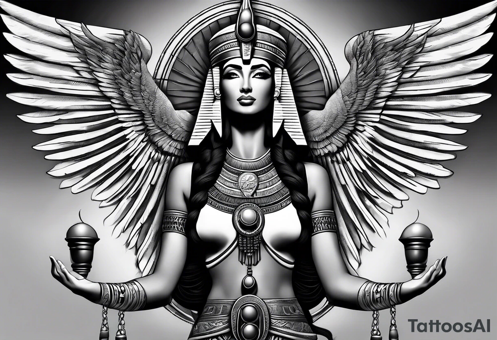 black and gray photo realistic goddess isis with minimal detail tattoo idea
