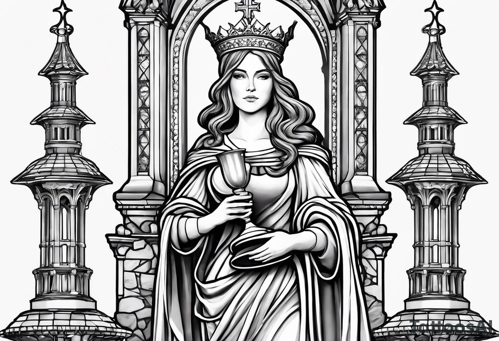 Saint Barbara holding a chalice with a tower beside her tattoo idea