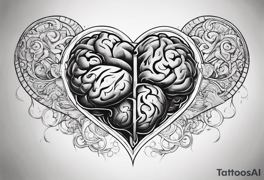 Heart and brain with a line down the middle symbolizing balance tattoo idea