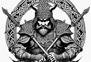 full shot of a Celtic warrior with weapons unsheathed tattoo idea