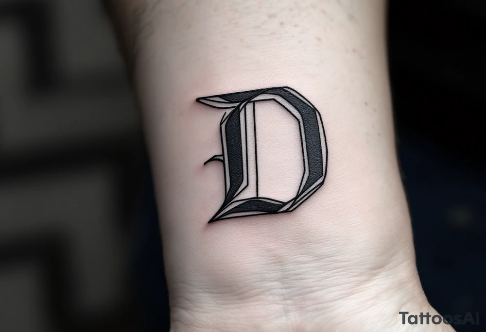 Minimalist Geometric D – A clean, thin-line letter D made from sharp black lines and accented with soft gray shadows. tattoo idea