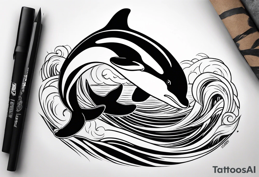 transient orca, Japanese realism, simplistic, shaded high contrast, flowing, waves and kelp highlights tattoo idea