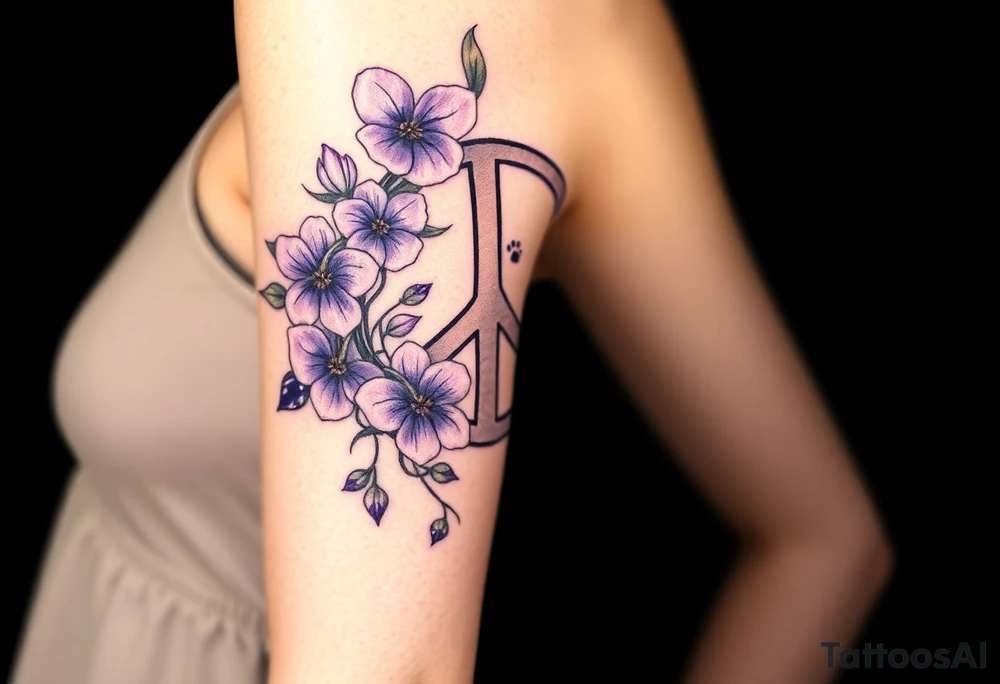 peace symbol intertwined with violets Pisces symbol, dog prints, amethyst, initials csb in cursive font tattoo idea
