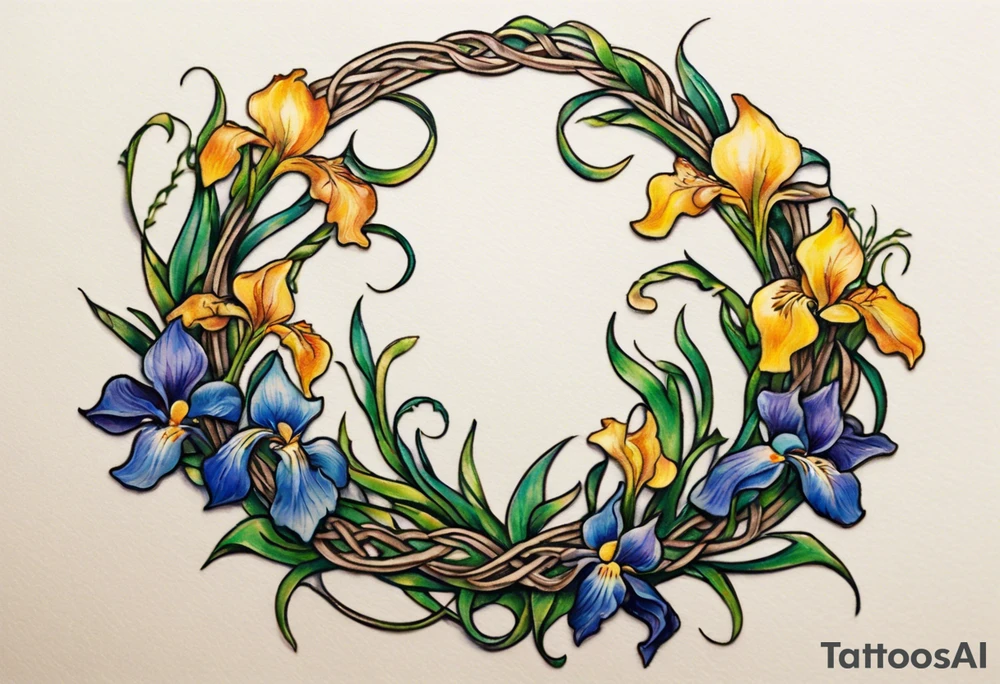 Create a small, colorful Vincent van Gogh Irises tattoo in the form of a crescent, with vines in Celtic knot style gracefully intertwining at a central point in the middle of the wreath. The intended placement is on the upper chest. The middle needs mountains. The overall design should be small in size while maintaining a delicate and artistic aesthetic. Pay attention to the graceful flow of the vines and the placement of the irises to achieve a refined and elegant look. tattoo idea