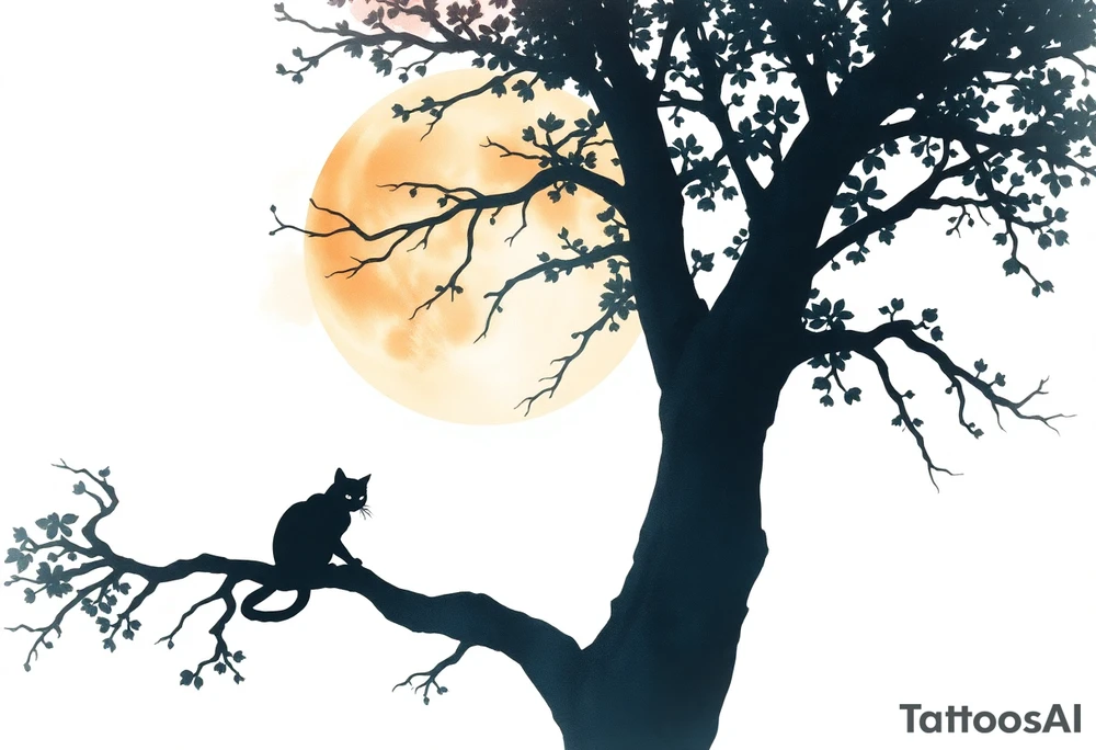 a cats sillhouette siting on a tree in the moon light tattoo idea