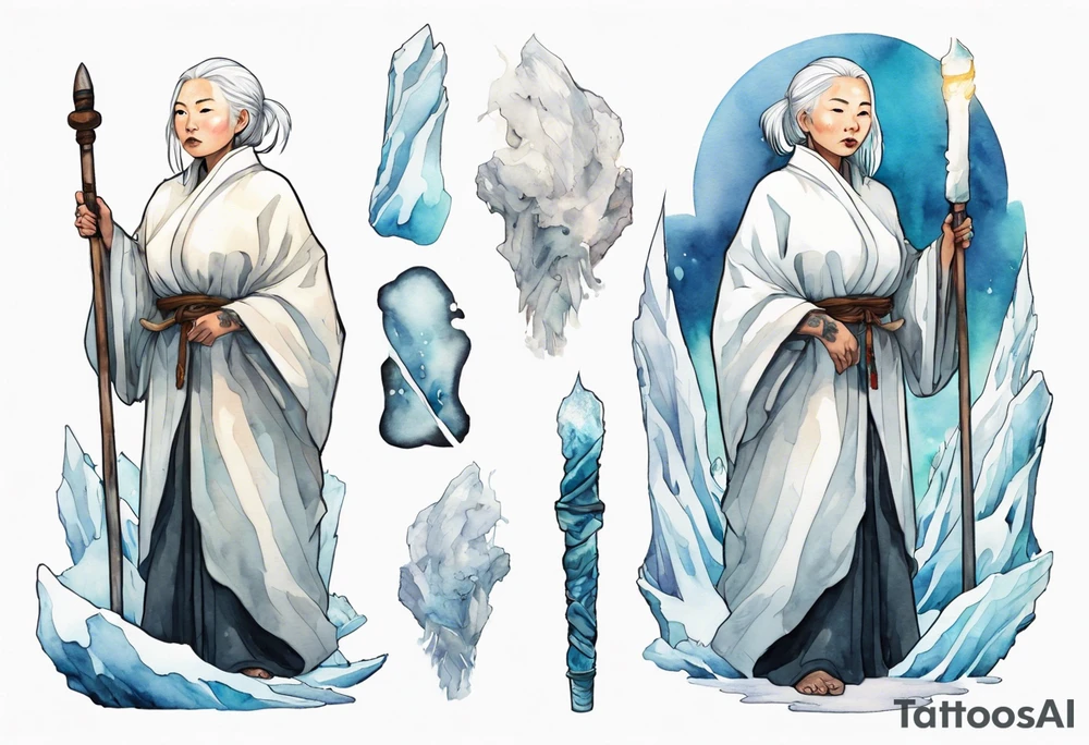 a 40 year old Inuit woman with white hair and a white robe holding a white staff, standing on an iceberg tattoo idea