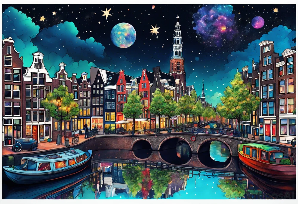 stag featuring colours of the universe and galaxies and pineapples in amsterdam city featuring Amsterdam buildings and canal tattoo idea