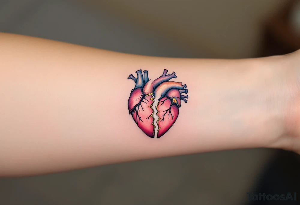 An anatomical heart torn in half, with golden stitches holding it together, signifying resilience and recovery. tattoo idea