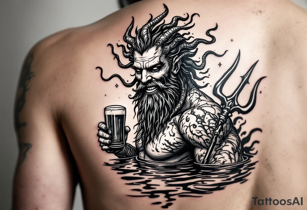 smiling poseidon, with a trident, in calm water, holding a beer tattoo idea