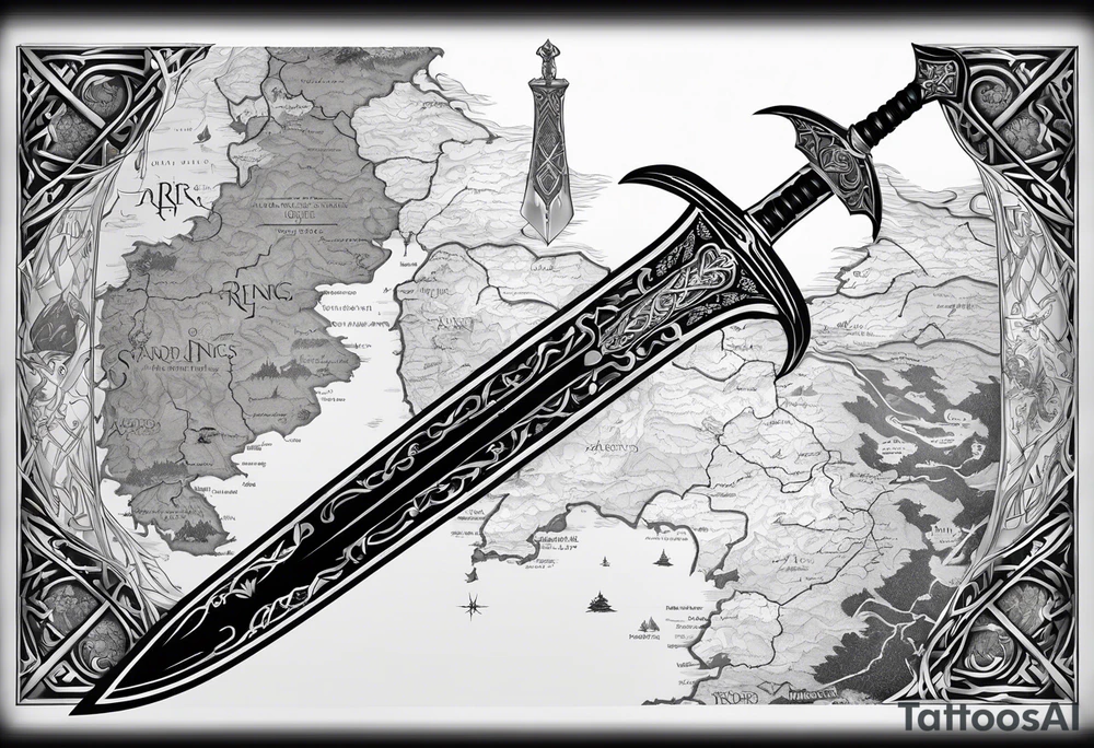 sword of arundil from lord of the rings, with the map of middle earth behind it. Placement side of my left calf. tattoo idea