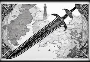 sword of arundil from lord of the rings, with the map of middle earth behind it. Placement side of my left calf. tattoo idea
