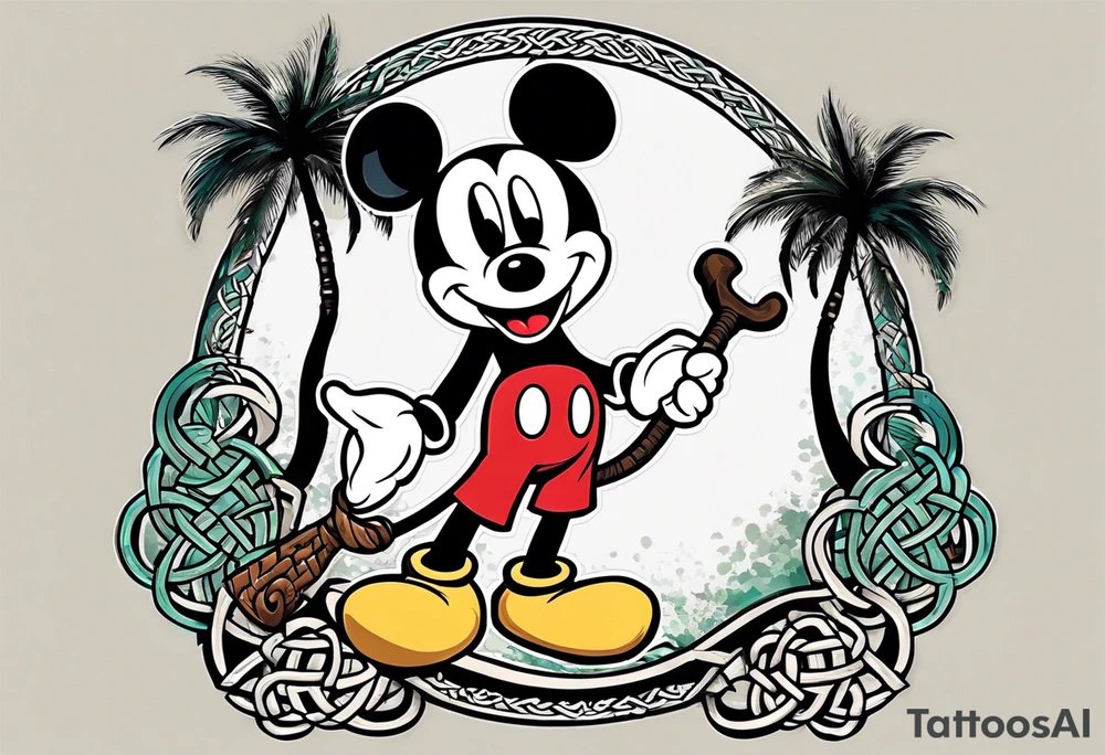 mickey mouse holding a karambit in one hand and a stick in the other hand with palm trees and the celtic symbol for family tattoo idea