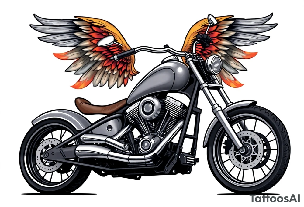 Low rider grey motorcycle, big muffler pipes with flames, angel wings, driving away, no person tattoo idea