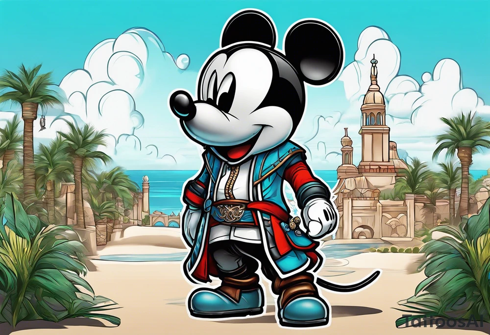 mickey mouse assassins creed character that is in the style of tron with palm trees tattoo idea