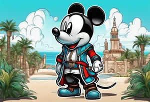 mickey mouse assassins creed character that is in the style of tron with palm trees tattoo idea