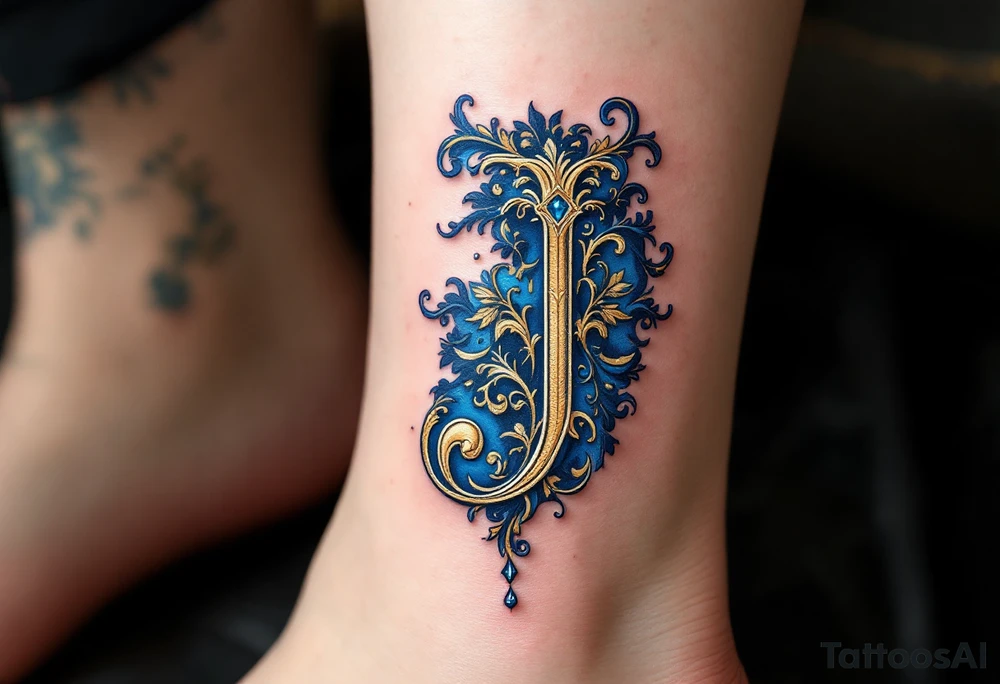 Ornate gold "J" with baroque-style filigree details and royal blue shading. tattoo idea