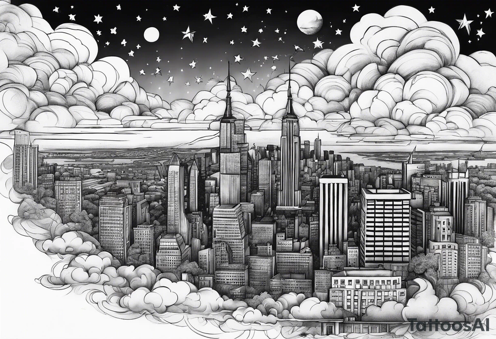 stars, clouds, city tattoo idea