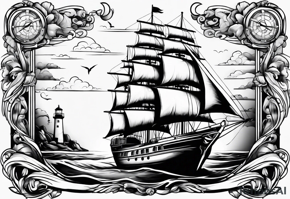 phare maritime dans un bateau a voiles. tattoo idea