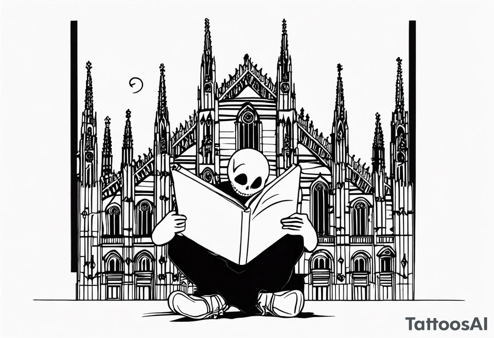 jack skellington leaning against milan cathedral as he reads the date June 07, 2023 tattoo idea