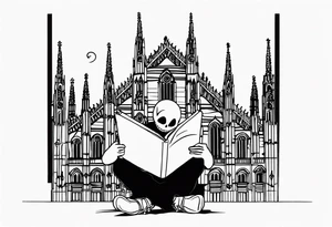 jack skellington leaning against milan cathedral as he reads the date June 07, 2023 tattoo idea