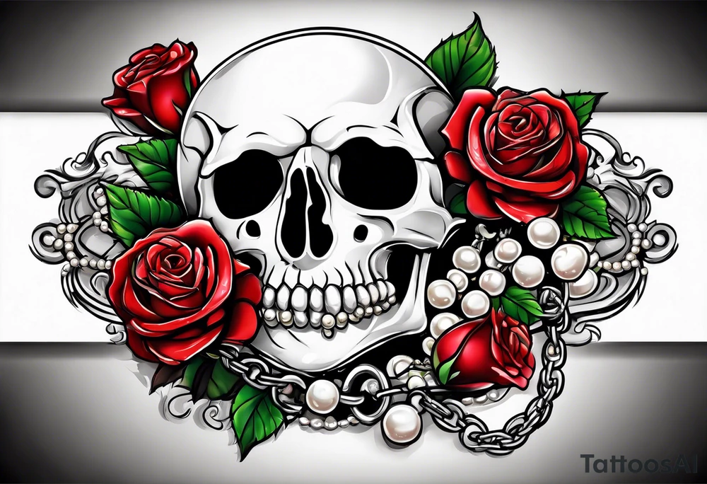 Red roses with a chain made of pearls and seashells tattoo idea