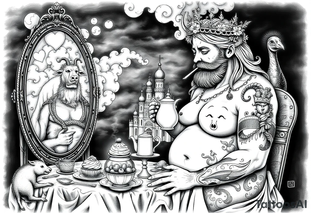 Mystical Naked Man and fat woman having sex eating cupcakes and  fruit  having sex clouds gothic sexy naked fat lady having a tea party with tea pot with fancy castle  
with a pigs, peacock,  lion, goat, noose and smoking cigerettes looking in the mirror thru storm clouds and broken hearts and darkness and wrath, envy , gluttony, greed, sloth, pride . Gothic tattoo idea