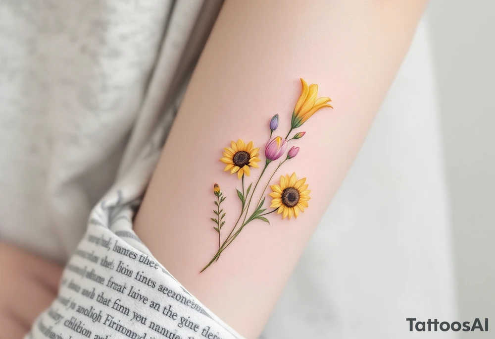 small yellow sunflowers and sunflower buds with   a small stargazer Lilly in pale pink and pale purple tulip buds  in a dainty wildflower bouquet with light green stems. Low detail. tattoo idea