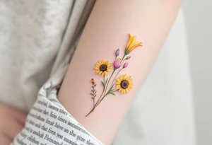 small yellow sunflowers and sunflower buds with   a small stargazer Lilly in pale pink and pale purple tulip buds  in a dainty wildflower bouquet with light green stems. Low detail. tattoo idea