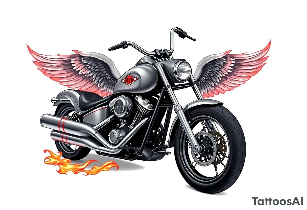 Low rider grey motorcycle, big muffler pipes with flames, angel wings tattoo idea