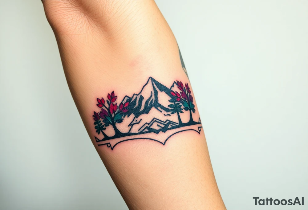 Lower forearm, trees with mountains in background, leaves on the trees are pink, purple, teal, red tattoo idea
