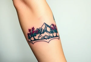 Lower forearm, trees with mountains in background, leaves on the trees are pink, purple, teal, red tattoo idea