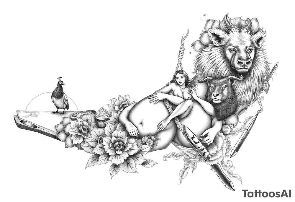 Storm clouds, pig, peacock , fat sexy naked fat woman, cupcakes, noose , money, goat, lion, man and girl having sex, cigerette, drugs, coins, storm lightening, killing, darkness, mirror, razor , knife, surrounded by clouds tattoo idea