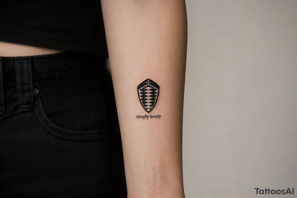 Koenigsegg ghost logo and below written "simply lovely" tattoo idea