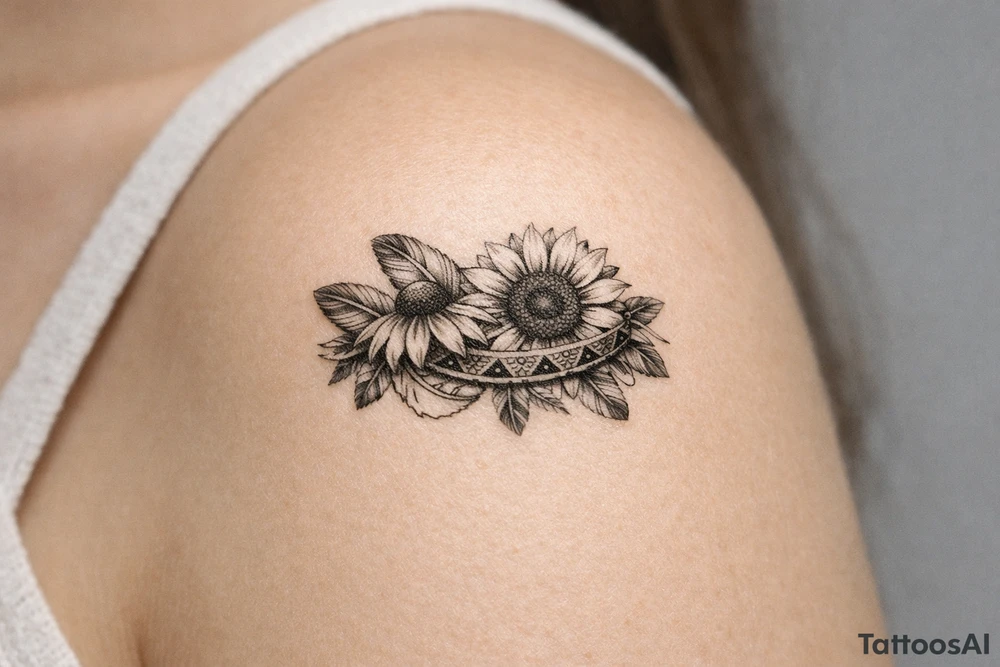 Coneflower and sunflower with feathers and female Indian headband ribboned through tattoo idea